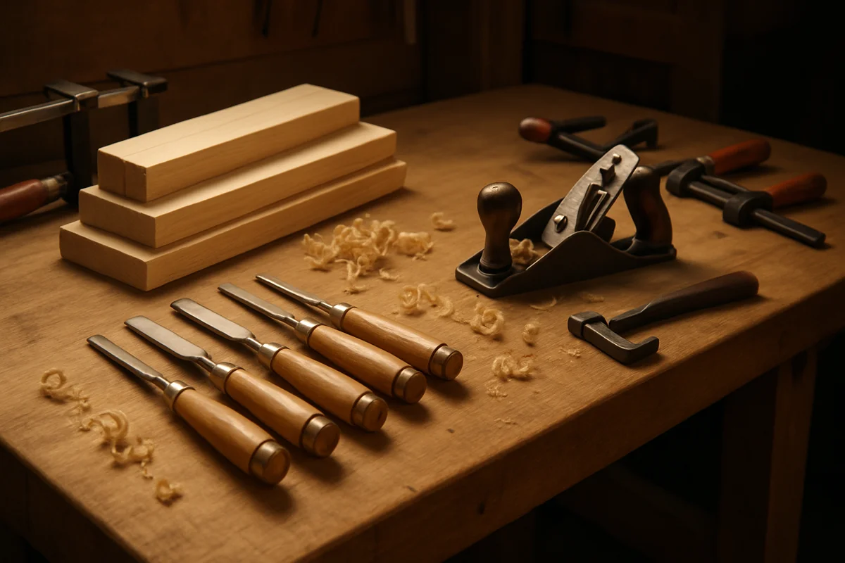 Woodworking workbench with hand tools and wood boards