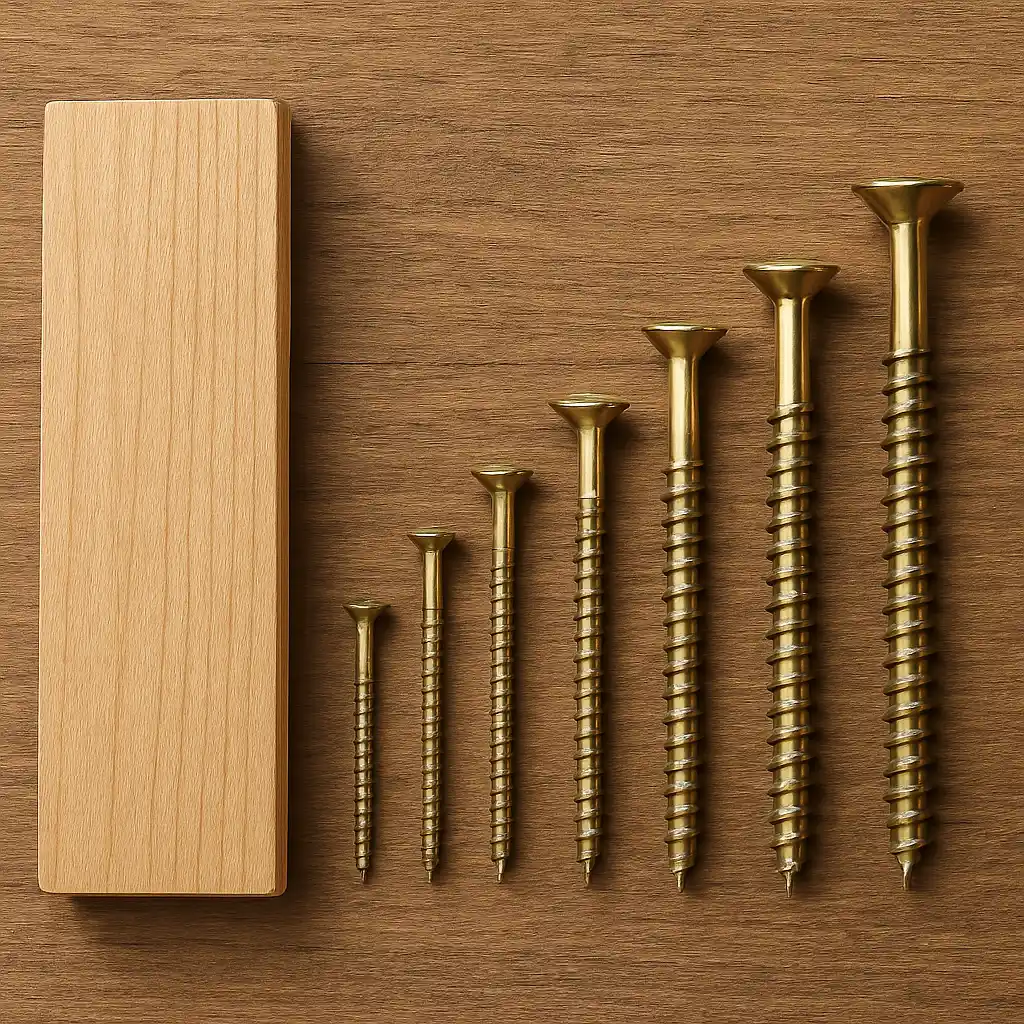 Wood screws of different lengths beside a board