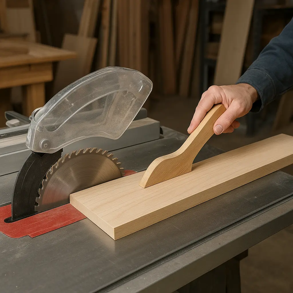 Table saw ripping a board with a push stick