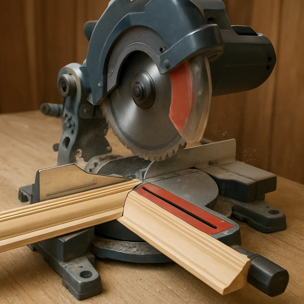 Miter saw cutting wooden molding at an angle