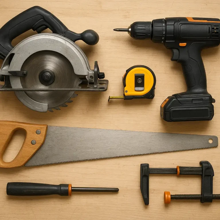 Woodworking power tools and saws on a workbench