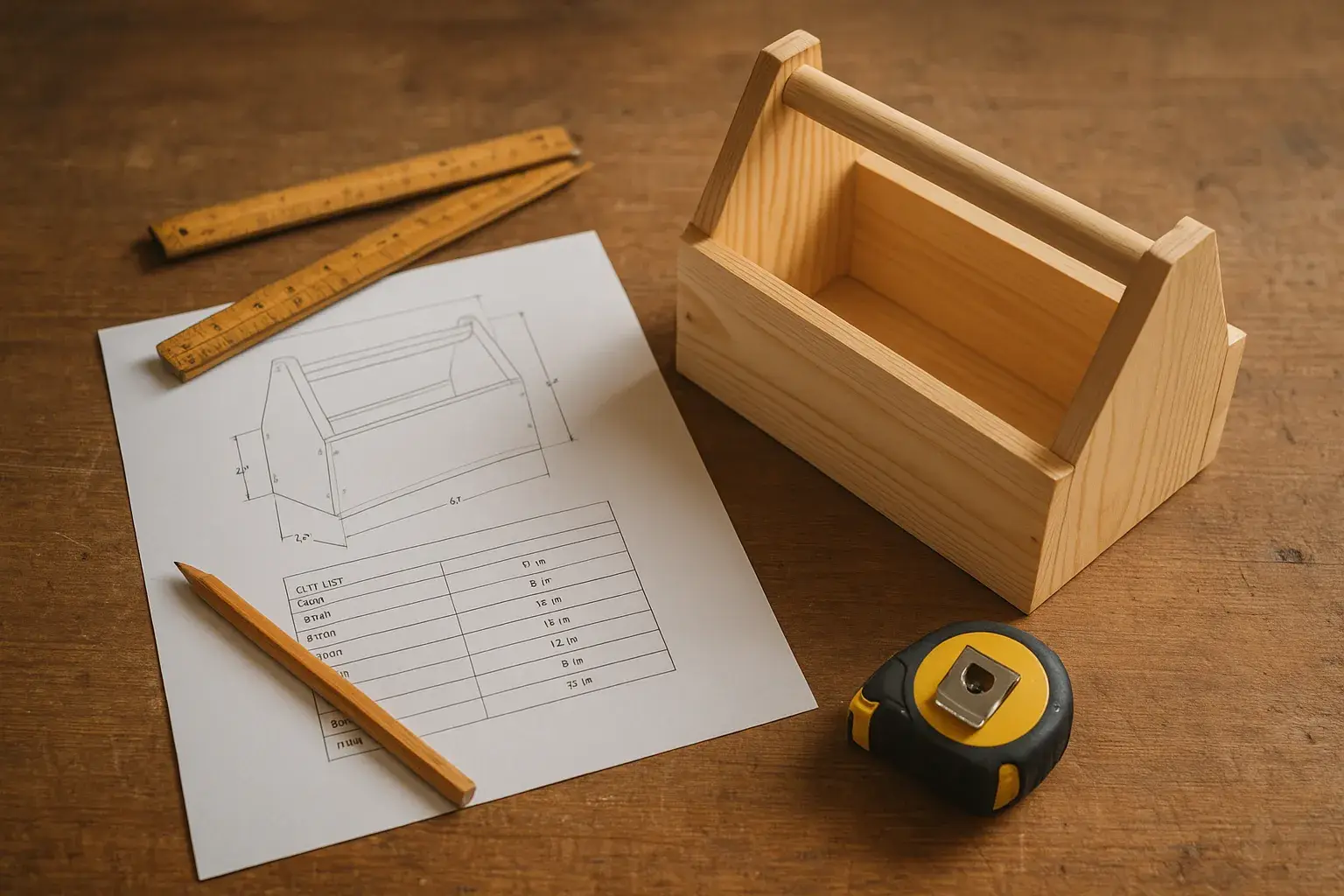Printed woodworking plan and cut list on a workbench beside a finished pine tool tote box