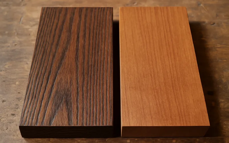 open-grain oak board with deep stain absorption next to a tight-grain maple board with lighter, even stain coverage