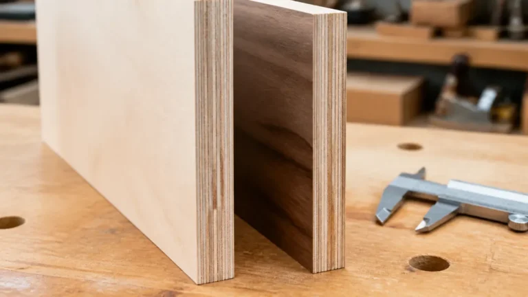 Two plywood panel edges showing layered plies and hardwood veneer on a woodworking bench