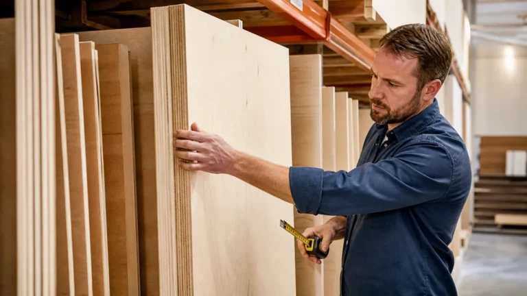 Plywood sheets being inspected in a lumber warehouse