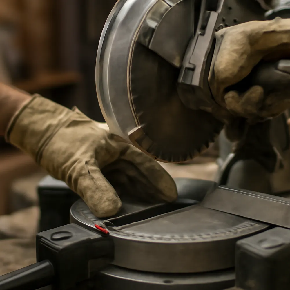 gloved hands adjusting the miter angle scale on a compound sliding miter saw
