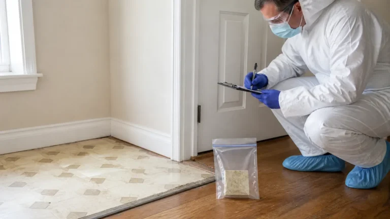 Qualified inspector documenting intact older resilient flooring with a sealed sample bag