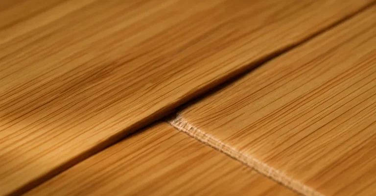 Bamboo flooring plank edges cupped and raised at the seam, showing moisture-related warping