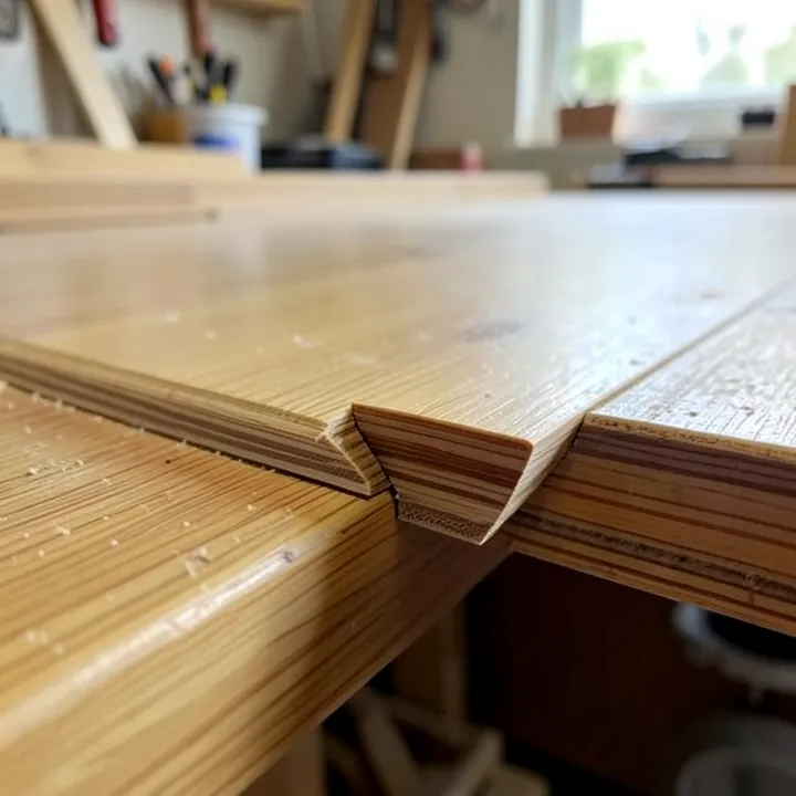 Bamboo flooring plank edges cupped and raised at the seam Bamboo flooring plank edges cupped and raised at the seam, showing moisture-related warping