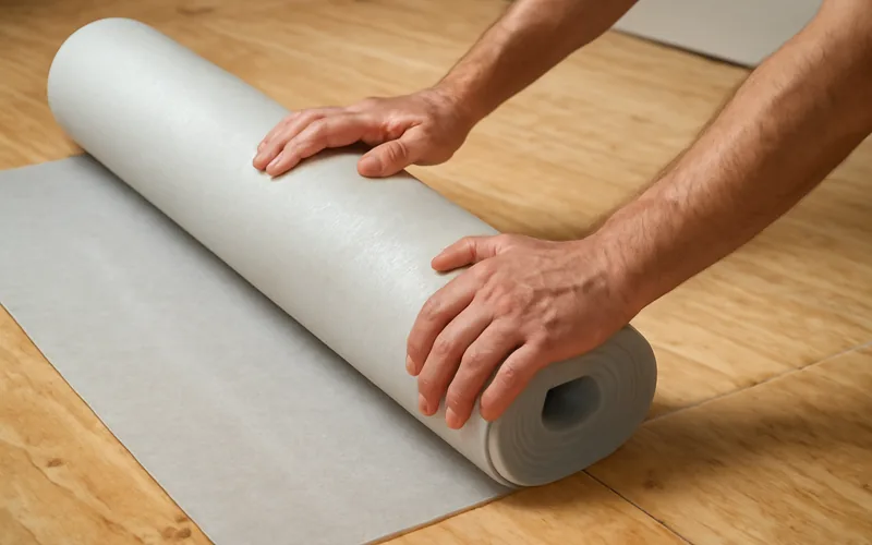 Vapor barrier underlayment installation before bamboo flooring Installer unrolling a foam vapor barrier underlayment over plywood subfloor before bamboo floor installation