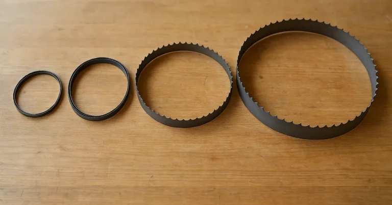 Four band saw blades of increasing width laid out on a workbench, from narrow scroll blade to wide resaw blade