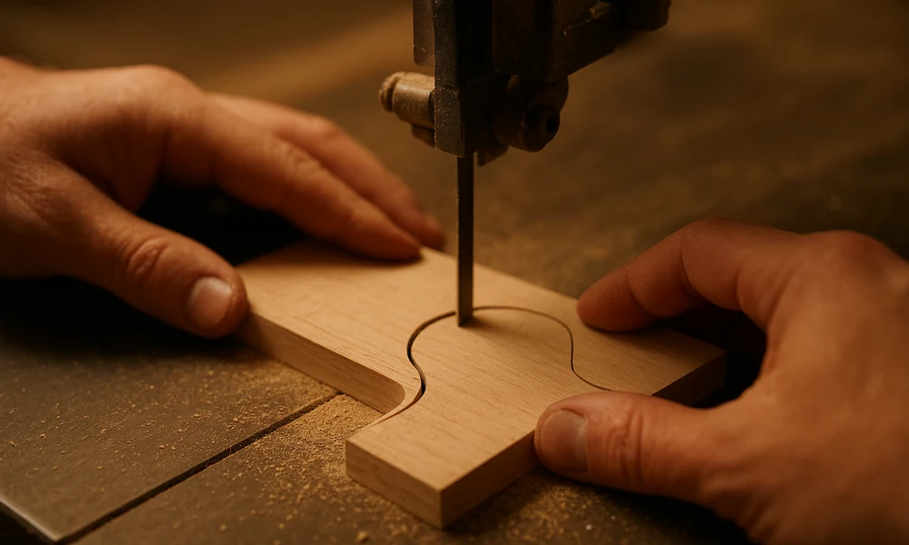 Narrow bandsaw blade cutting a tight curve in a hardwood board Narrow bandsaw blade cutting a tight curve in a hardwood board