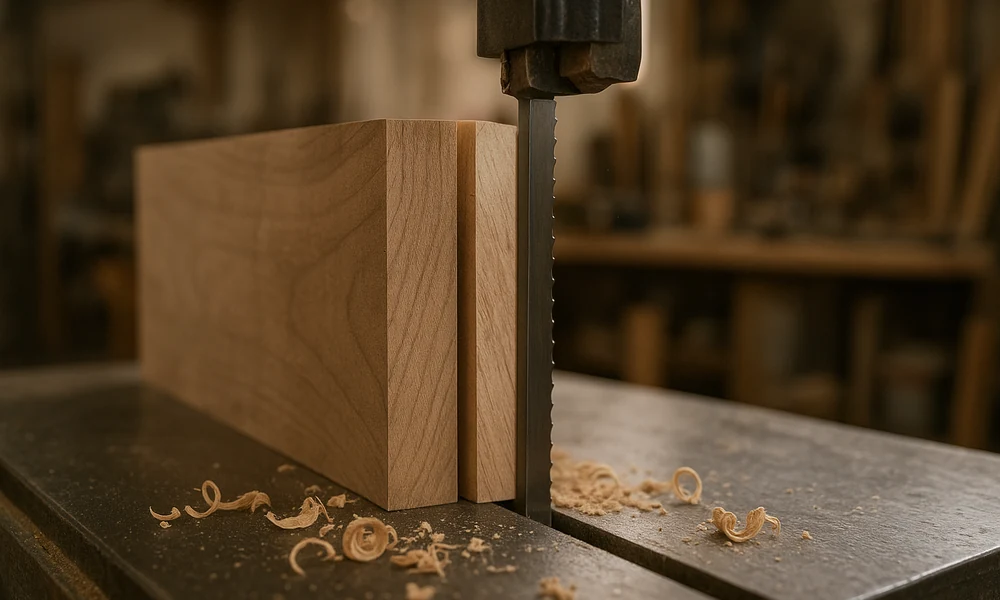 Wide bandsaw blade resawing a thick hardwood board Wide bandsaw blade resawing a thick hardwood board