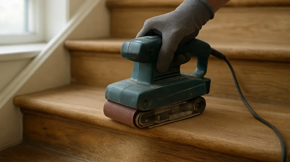 Handheld belt sander with a coarse abrasive belt being run along a bare oak stair tread during refinishing