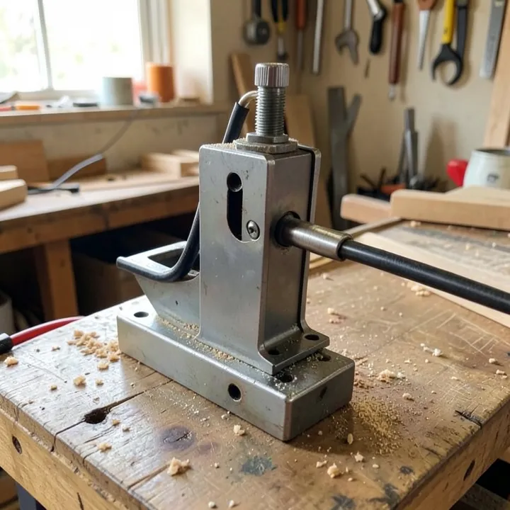 A metal-cutting band saw blade guide assembly with coolant line, typical of a metal-cutting bandsaw setup A metal-cutting band saw blade guide assembly with coolant line, typical of a metal-cutting bandsaw setup