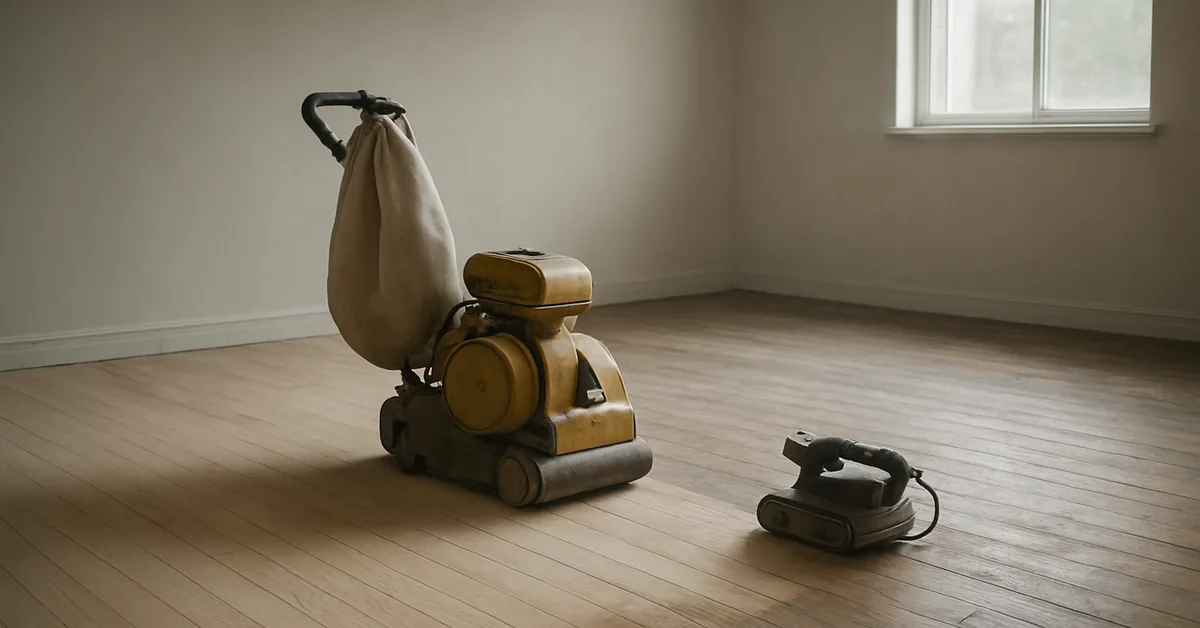 Walk-behind drum floor sander and a handheld belt sander standing on a bare hardwood floor in an empty room