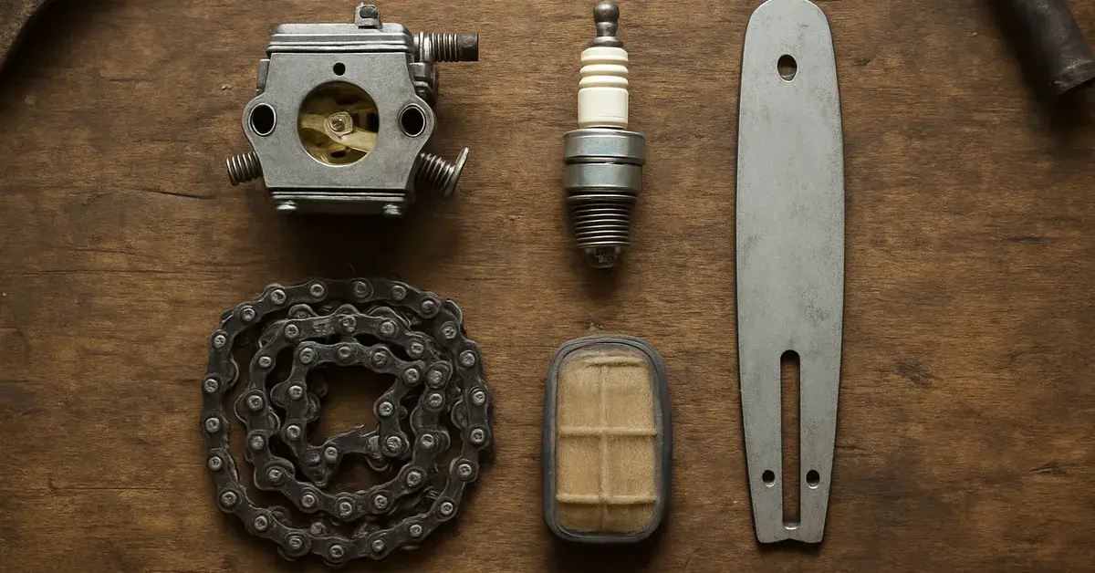 Common Chinese chainsaw replacement parts: carburetor, spark plug, chain, air filter and bar