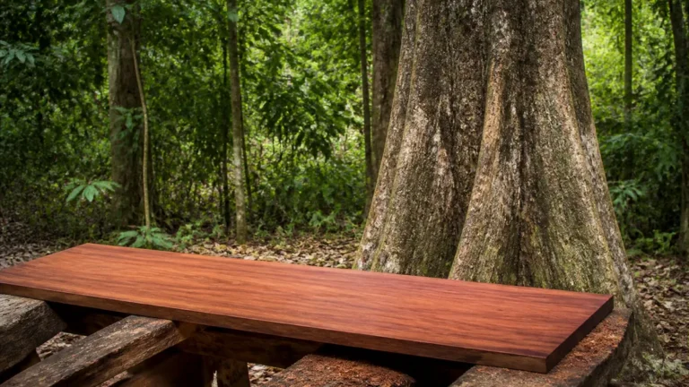 Big-leaf mahogany tree beside a reddish brown hardwood board in a tropical forest