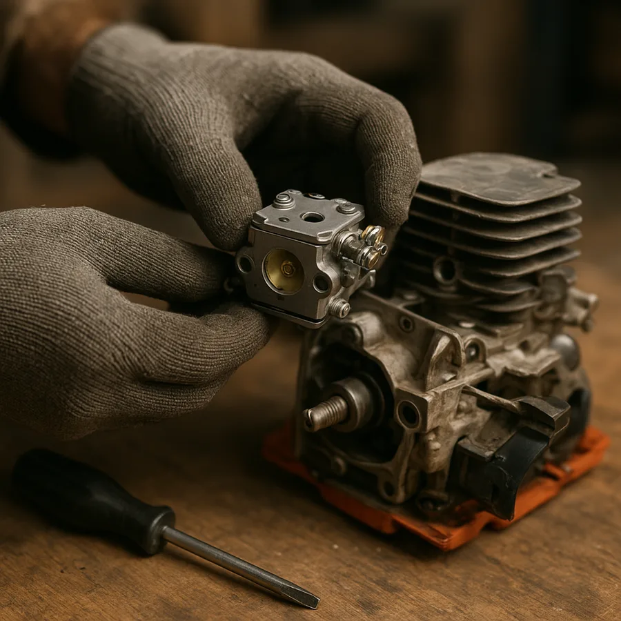 Installing a replacement carburetor on a small two-stroke chainsaw engine Installing a replacement carburetor on a small two-stroke chainsaw engine