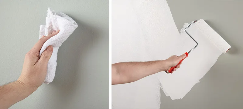 Wiping down a wall with a cloth before rolling on an even coat of primer