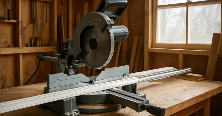 corded sliding compound miter saw cutting wide crown molding trim board in a home woodworking shop