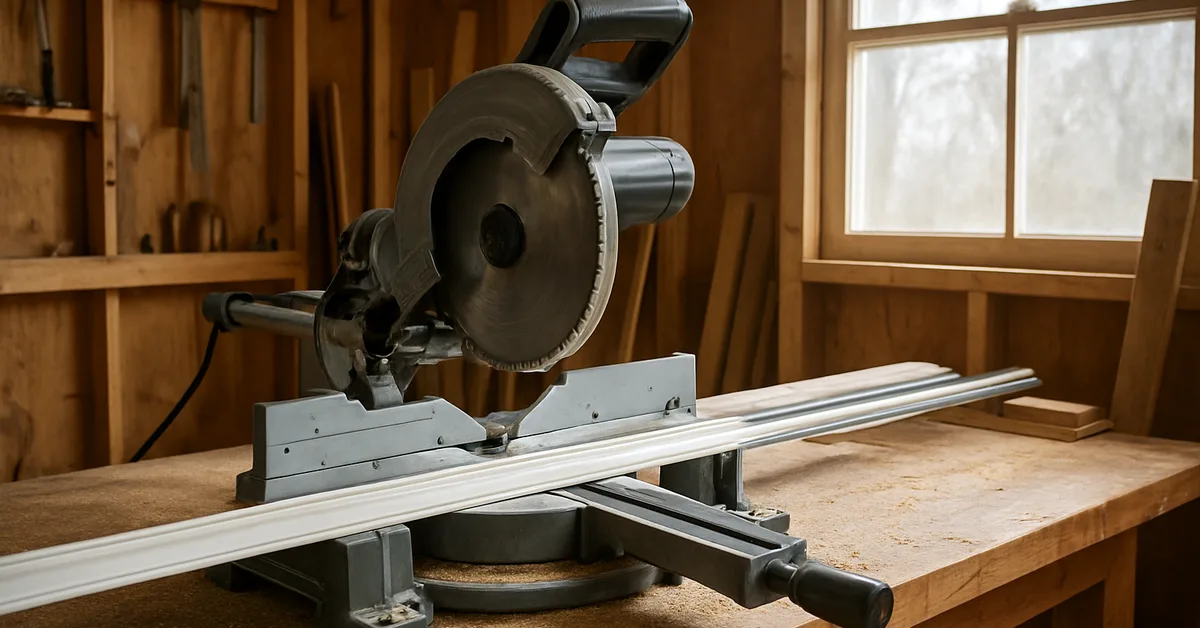 corded sliding compound miter saw cutting wide crown molding trim board in a home woodworking shop