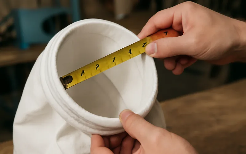 Measuring a dust collector bag for replacement Measuring the diameter of a dust collector filter bag opening with a tape measure