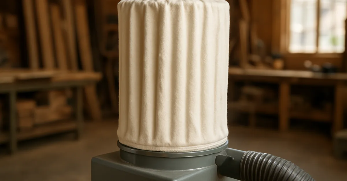 Dust collector filter bag White pleated felt dust collector filter bag mounted on a dust collection machine in a workshop