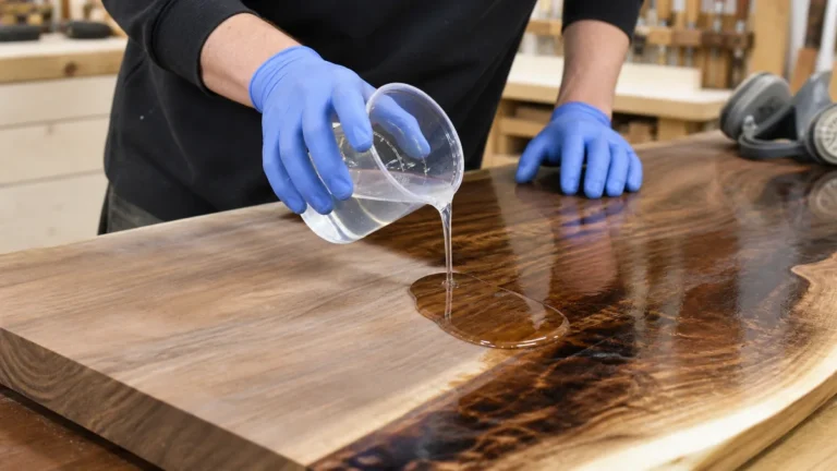 Clear epoxy resin poured over a prepared polyurethane wood tabletop