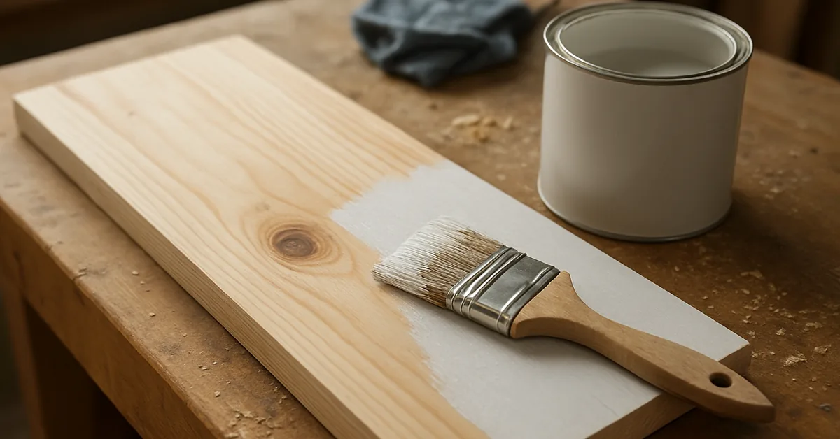 Bare pine board half coated with white wood primer next to a brush and can