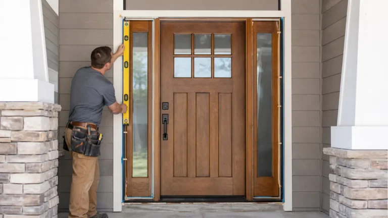 Installer checking a fiberglass exterior entry door and sidelights for level