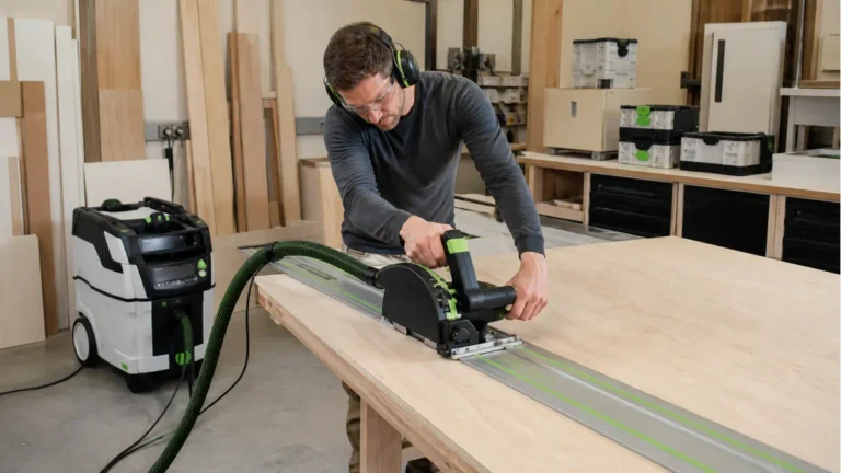 Premium track saw connected to a dust extractor in a professional cabinet shop