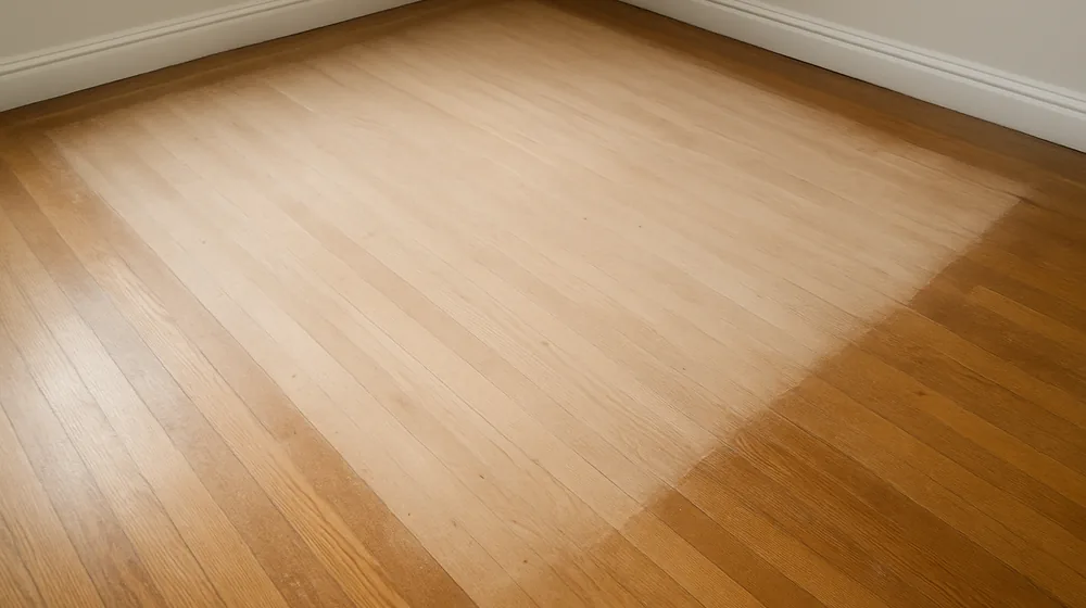 Hardwood floor with the open middle freshly sanded and an unsanded border of old finish left along the baseboards