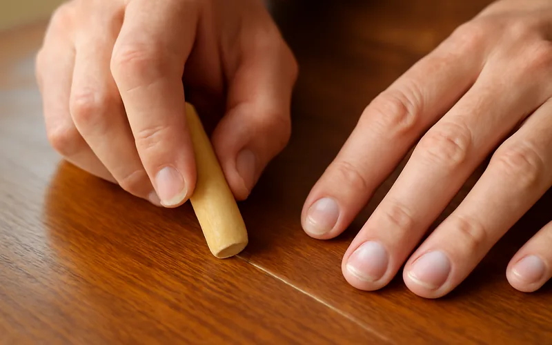Rubbing a wax touch-up stick into a scratch on wood furniture to blend the repair
