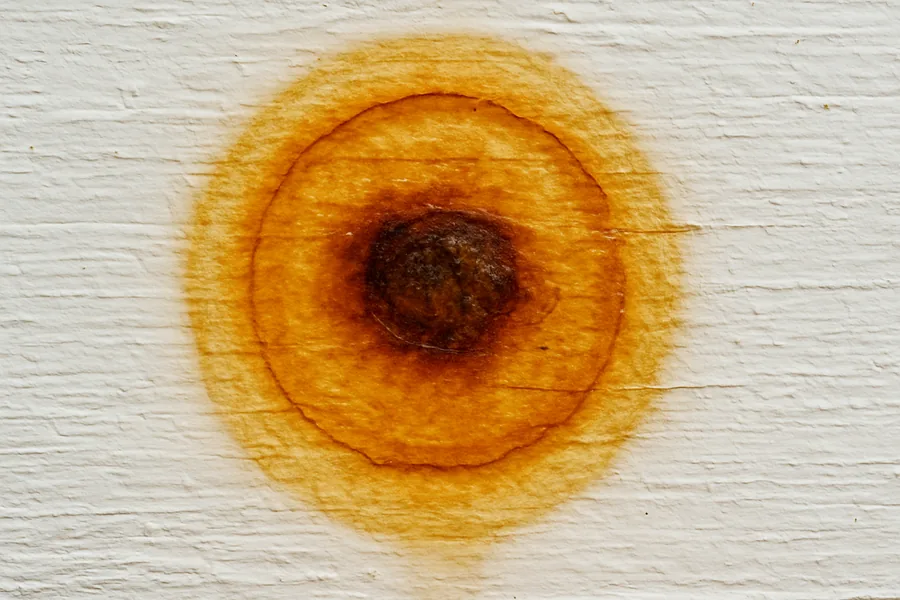 Brown resin stain from a wood knot bleeding through white paint on trim Brown resin stain from a wood knot bleeding through white paint on trim