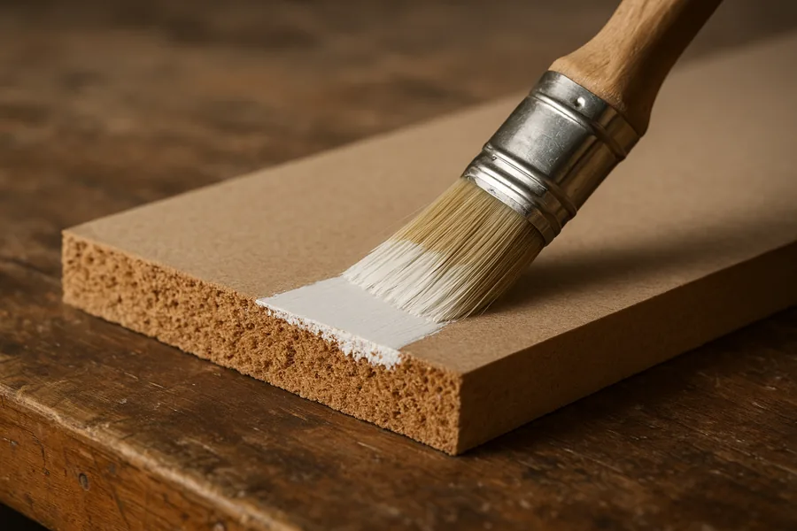 White primer being brushed onto the porous cut edge of an MDF board White primer being brushed onto the porous cut edge of an MDF board