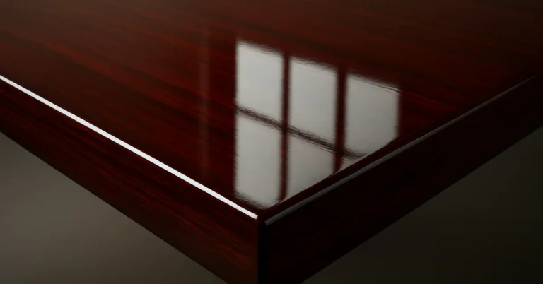 Glossy lacquer finish on a dark wood tabletop showing mirror-like reflections and wood grain