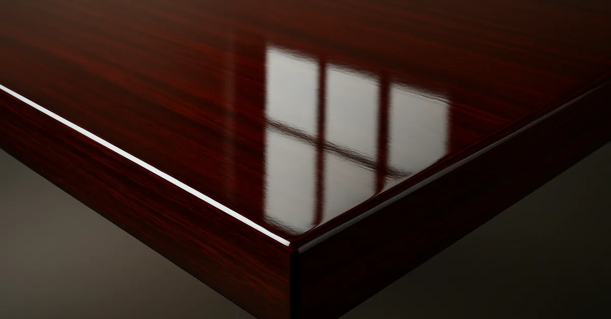 Lacquer finish on wood Glossy lacquer finish on a dark wood tabletop showing mirror-like reflections and wood grain