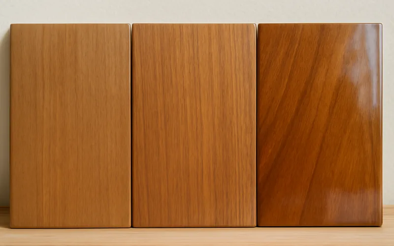 Lacquer sheen levels Three wood panels showing lacquer sheen levels from matte to satin to high gloss