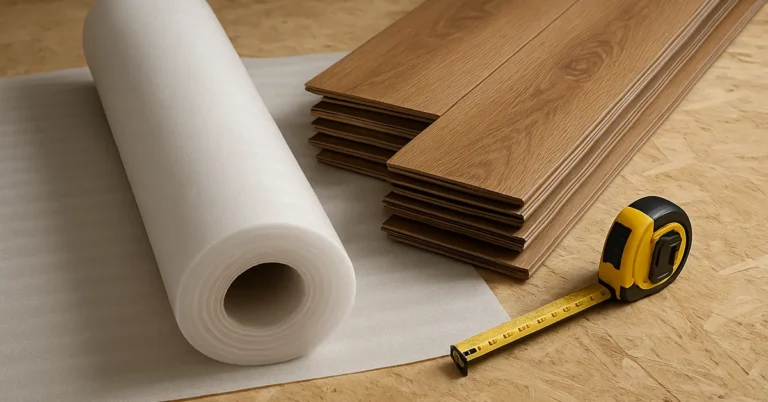 Roll of foam underlayment beside stacked laminate flooring planks on a plywood subfloor