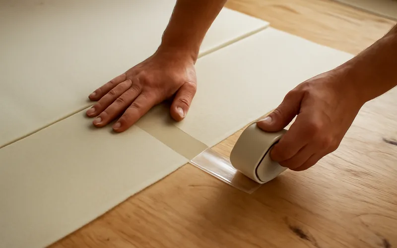Taping underlayment seams before laminate installation Taping the seam between two sheets of foam underlayment before laying laminate flooring