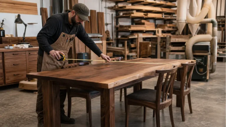 Independent woodworker measuring a finished hardwood dining table in a small shop