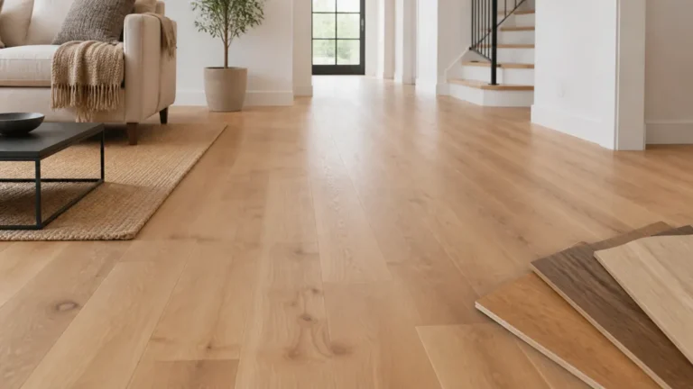 Unbranded hardwood plank floor in a bright room with flooring samples