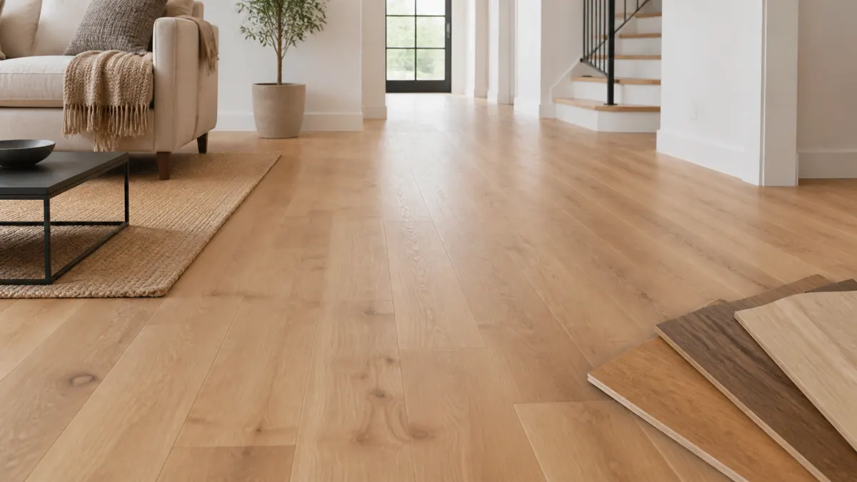 Unbranded hardwood plank floor in a bright room with flooring samples