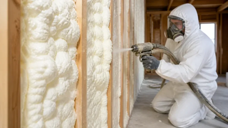 Professional installer applying spray polyurethane foam with protective equipment