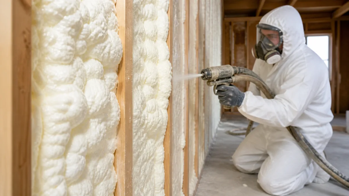 Professional installer applying spray polyurethane foam with protective equipment