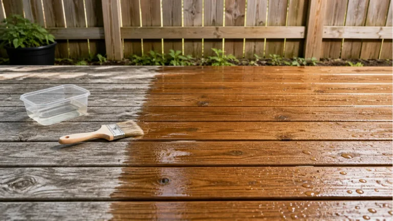 Clear wood sealer applied to a weathered deck with water beading on the protected boards