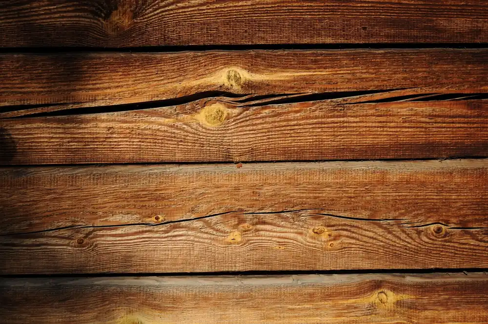 Close-up of weathered pine boards showing straight grain lines, earlywood-latewood contrast, and knots