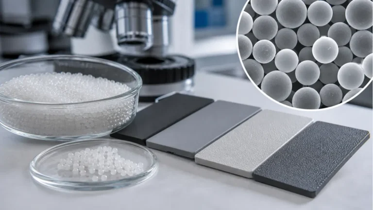Polyurethane microspheres beside coated test panels under laboratory inspection