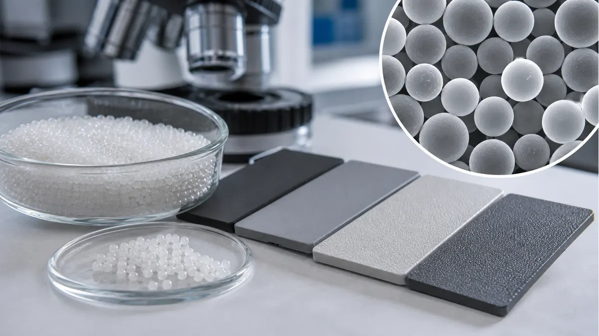 Polyurethane microspheres beside coated test panels under laboratory inspection